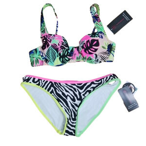 NO Boundaries Swim Bikini Set Top Bottoms Neon Zebra Print Abstract NEW